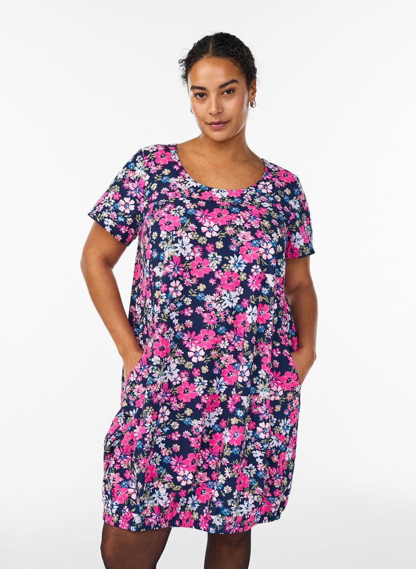 Kurz&auml;rmliges Baumwollkleid mit Print, Blau, Model image number 0
