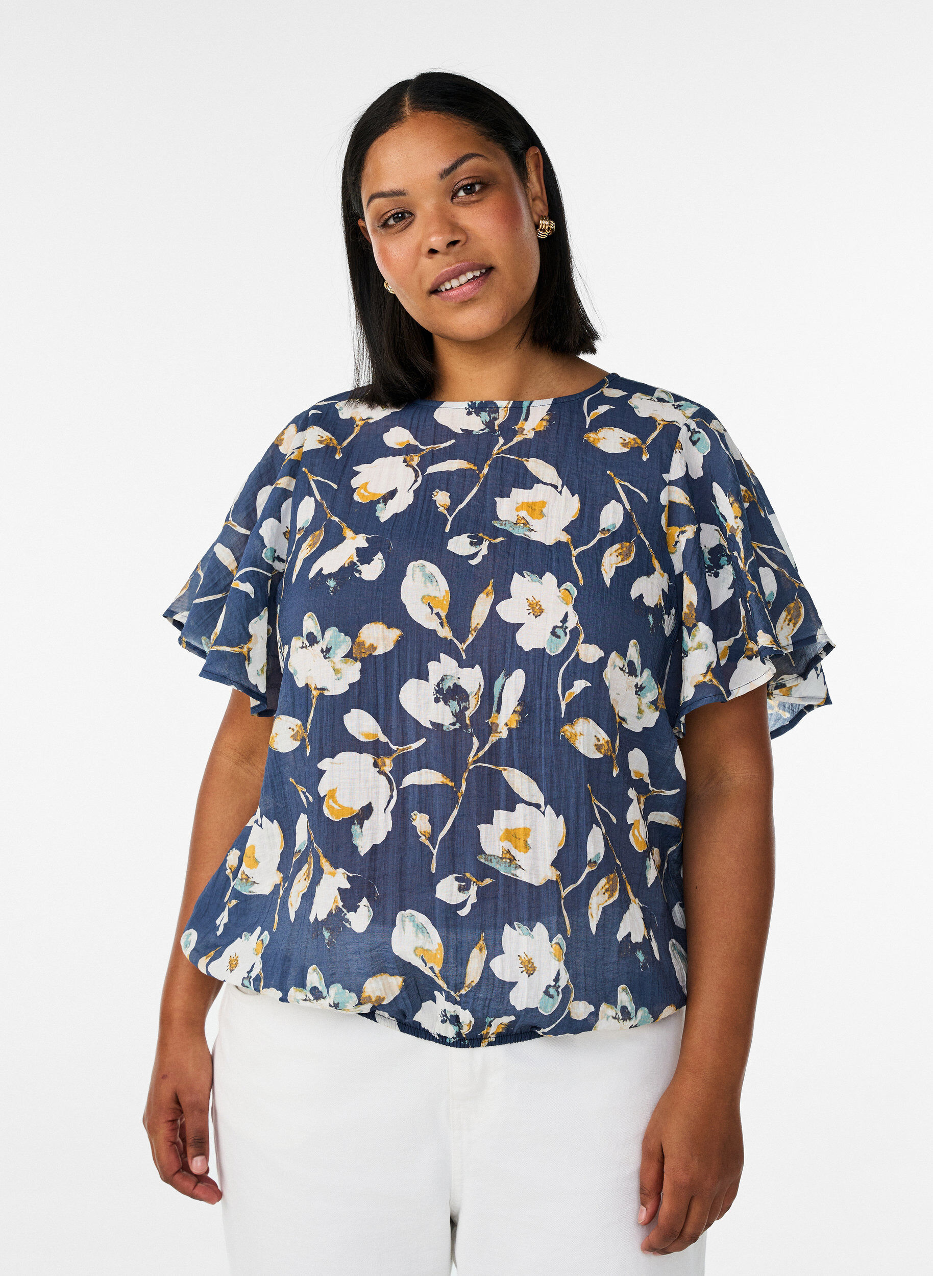 ZizziBluse mit Ballonform und Fl&uuml;gel&auml;rmeln, Blau, Model image number 0