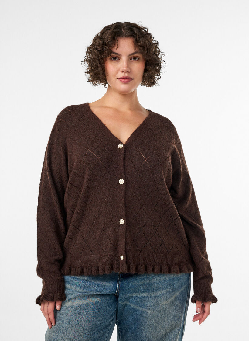 Strickjacke mit Harlekinmuster und V-Ausschnitt, Braun, Model image number 0