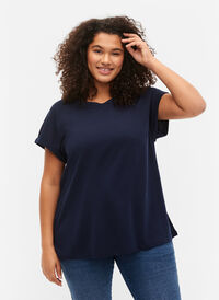 Kurzärmeliges T-Shirt aus einer Baumwollmischung, Navy Blazer, Model