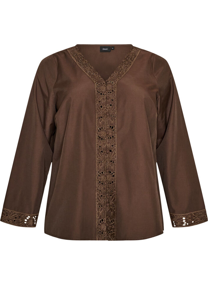 Hemdbluse mit Lochstickerei, Braun, Packshot image number 0