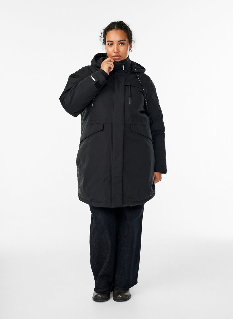 Wasserabweisender Parka mit Kapuze und funktionellen Details, Schwarz, Model image number 1