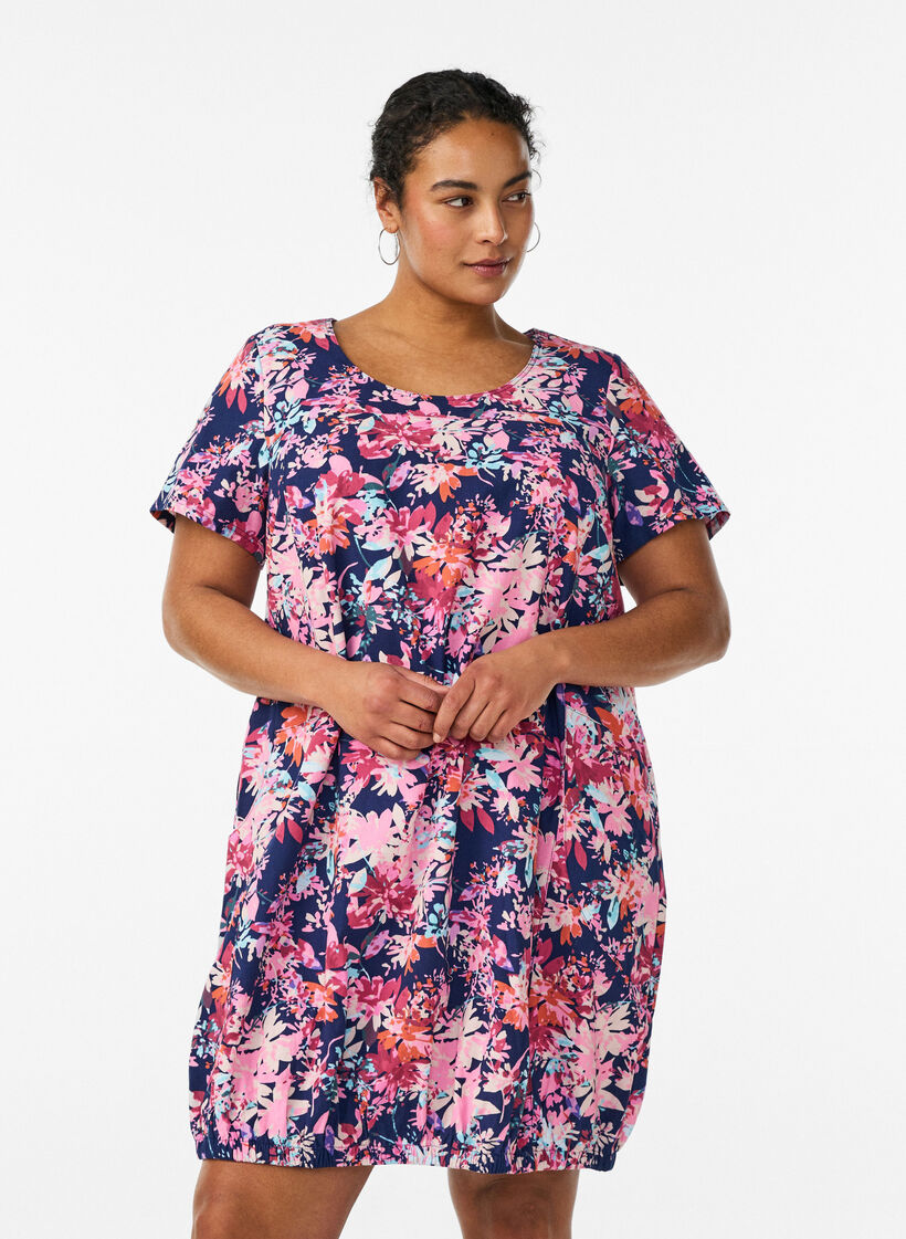 Kurz&auml;rmliges Baumwollkleid mit Aufdruck, Blau, Model image number 0