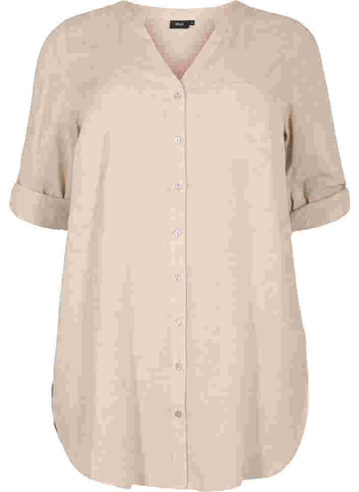 Lange Hemdbluse mit 3/4-Ärmeln und V-Ausschnitt, Simply Taupe, Packshot image number 0