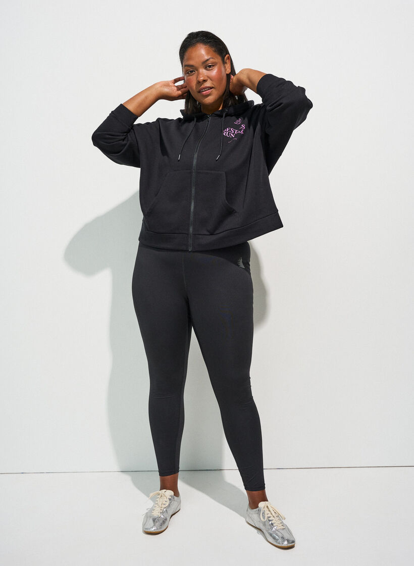 Hoodie mit Rei&szlig;verschluss und Brustprint, Schwarz, Model image number 1