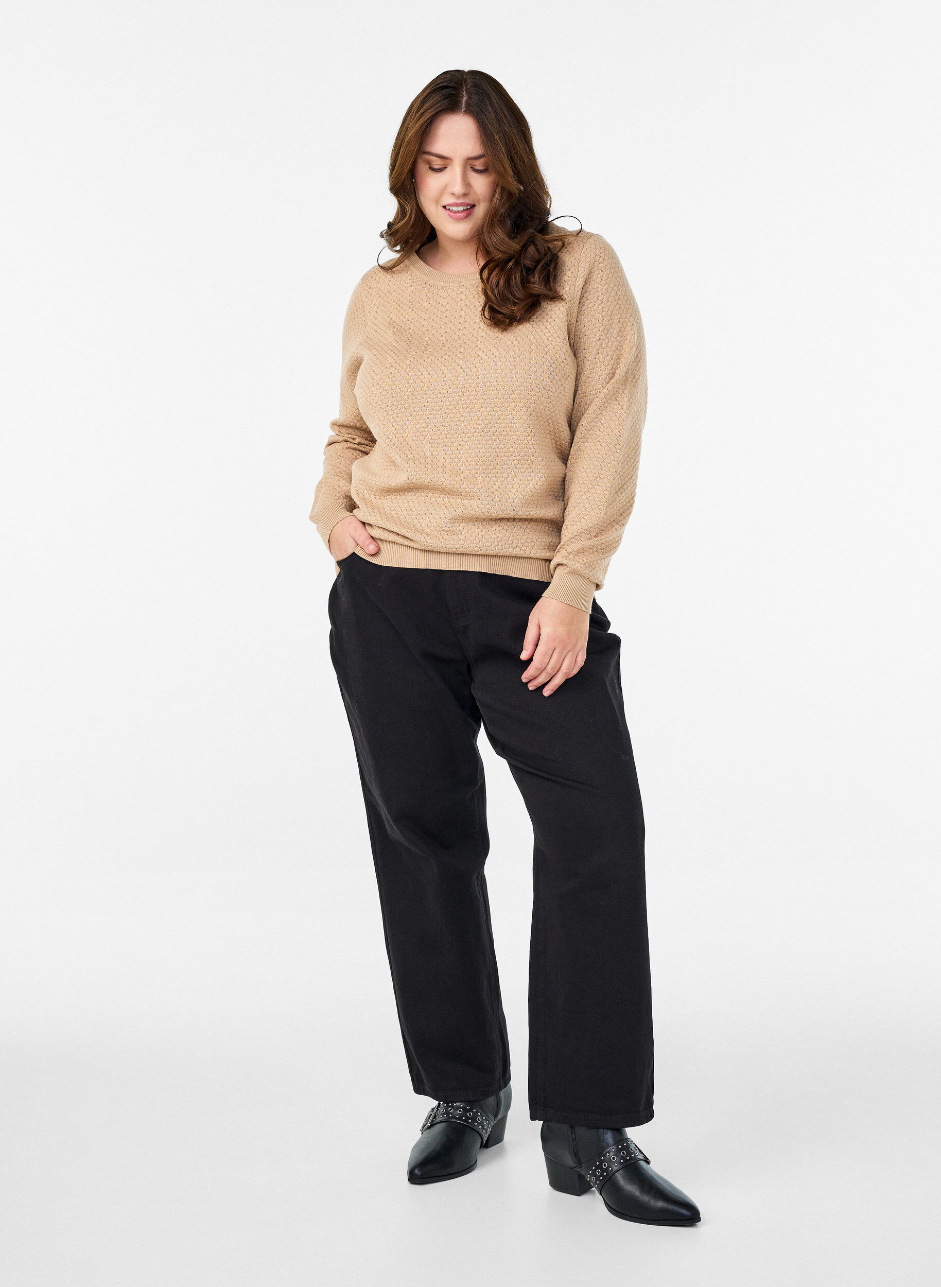 ZizziStrickbluse aus Baumwolle mit Strukturmuster, Beige, Model image number 1