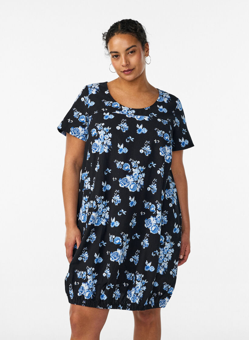 Kurz&auml;rmliges Baumwollkleid mit Aufdruck, Schwarz, Model image number 0