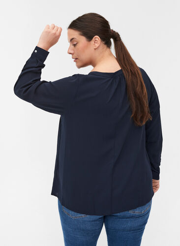Bluse mit V-Ausschnitt und Knopfdetails, Navy Blazer, Model image number 1