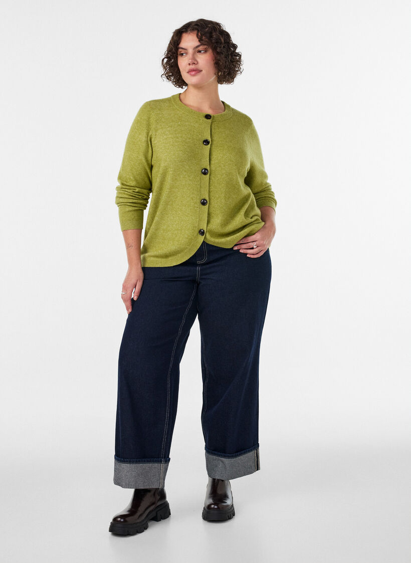 Strickjacke mit Kn&ouml;pfen und abgerundeter Vorderseite, Gr&uuml;n, Model image number 1