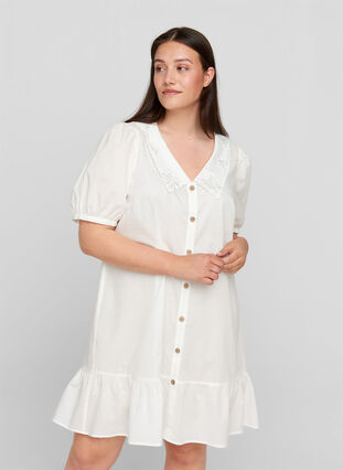 Hemdkleid aus Baumwolle mit Ballonärmeln, Bright White, Model image number 0