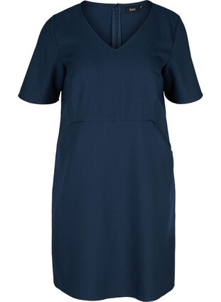 Einfarbiges Etui-Kleid mit V-Ausschnitt, Navy Blazer, Packshot image number 0