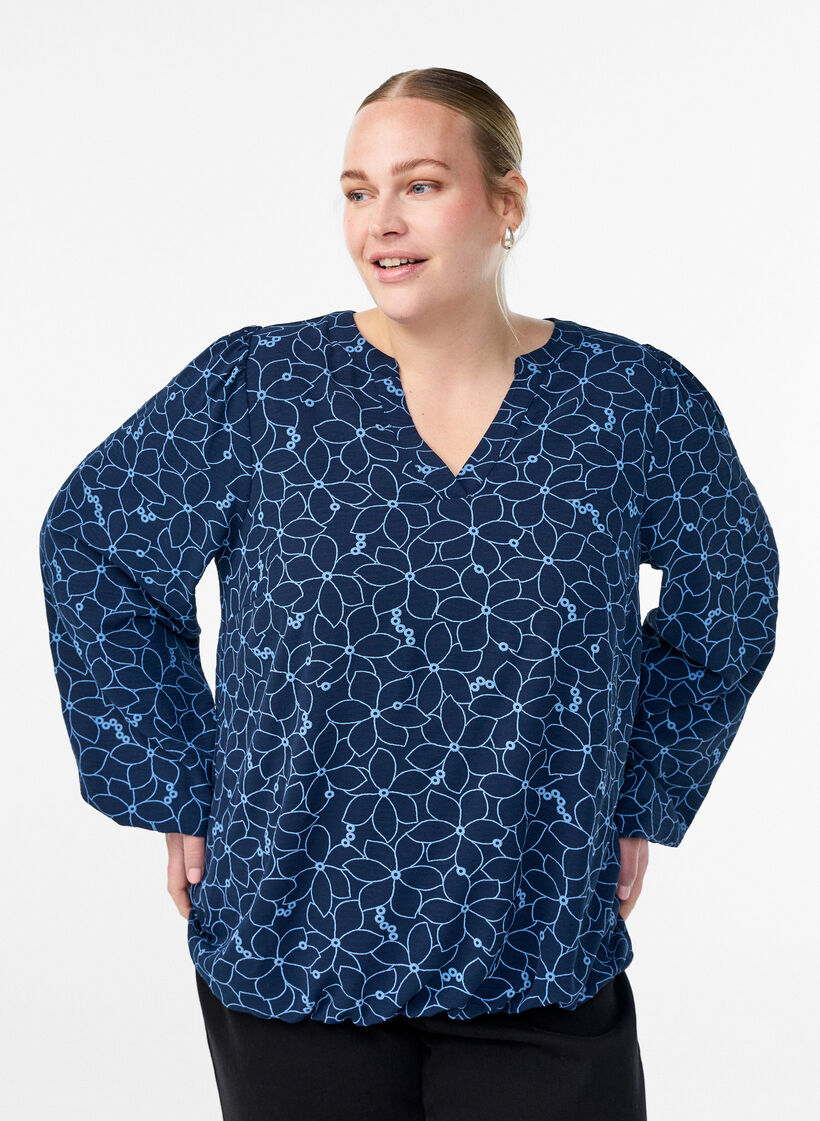 Langärmelige Bluse mit Blumenstickerei, Blau, Model image number 0