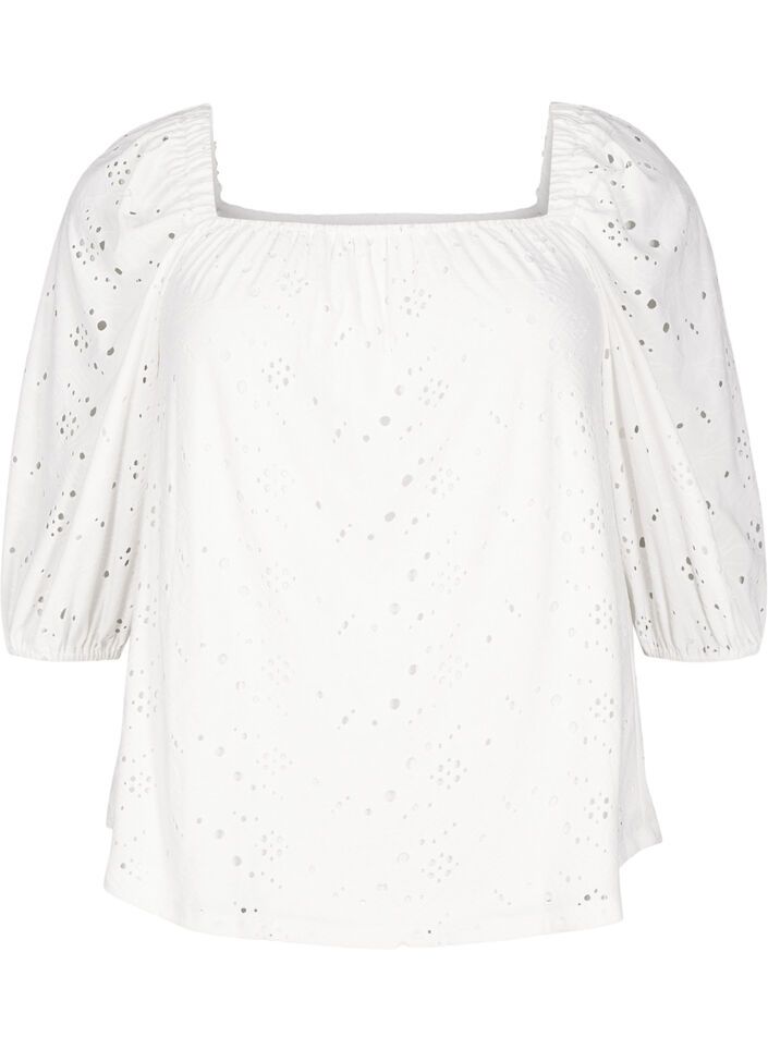 Bluse mit kurzen Puff&auml;rmeln und Lochmuster, Wei&szlig;, Packshot image number 0