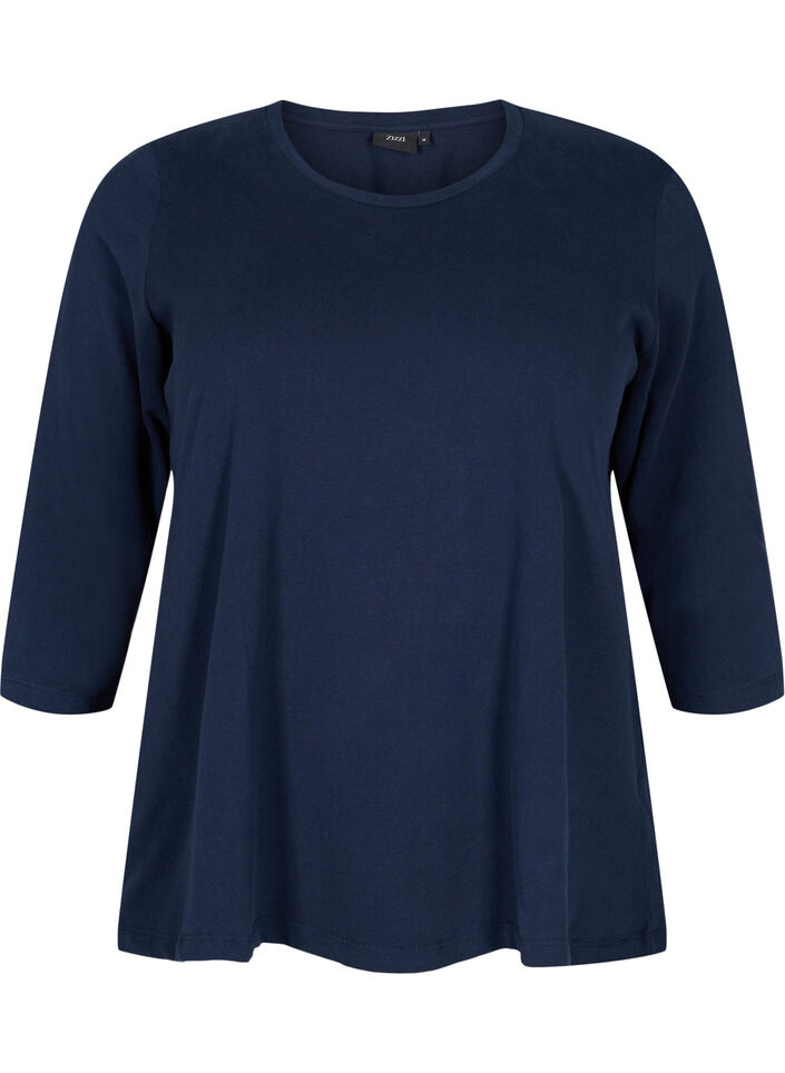 Basic T-Shirt aus Baumwolle mit 3/4-Ärmeln, Navy Blazer, Packshot image number 0
