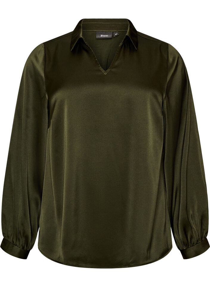 Bluse mit Hemdkragen und V-Ausschnitt, Gr&uuml;n, Packshot image number 0