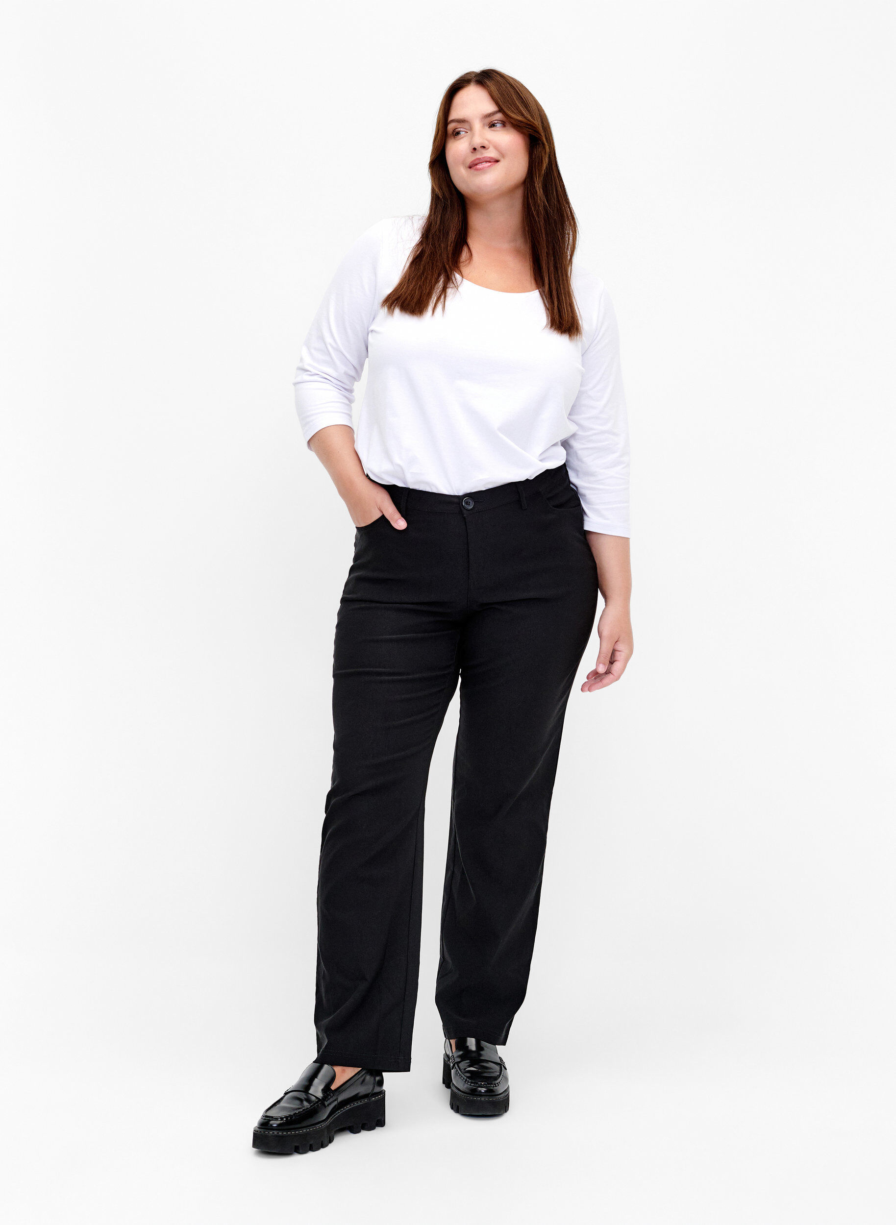 ZizziBasic T-Shirt aus Baumwolle mit 3/4-&Auml;rmeln, Wei&szlig;, Model image number 1