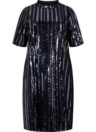 Kurzärmeliges Paillettenkleid mit Schlitz, Evening Blue Stripe , Packshot
