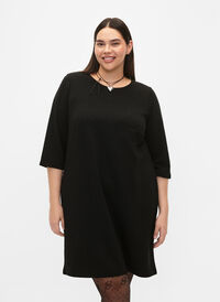Strukturiertes Kleid mit 3/4-Ärmeln, Black, Model