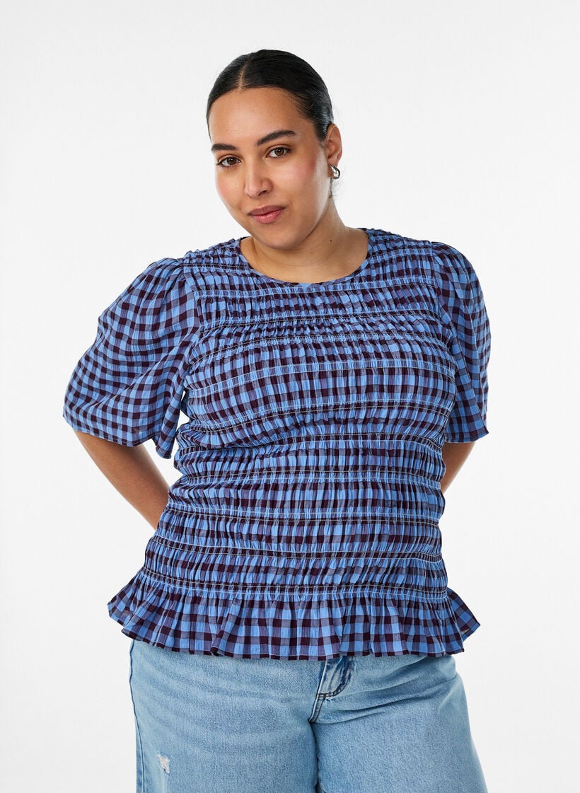 Smockbluse mit Vichy-Karo und R&uuml;schensaum, Blau, Model image number 0