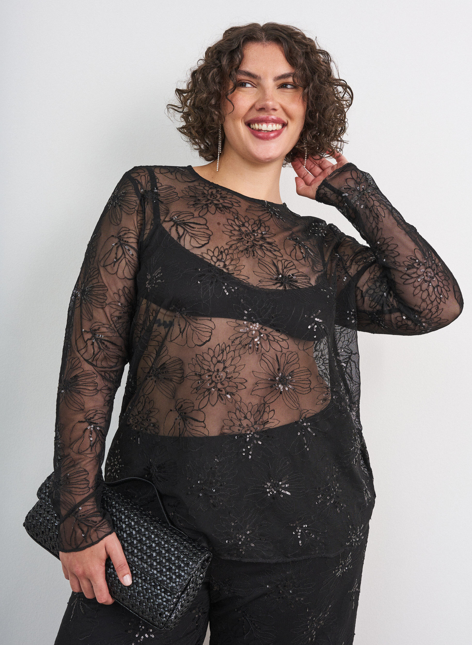 ZizziBluse aus Mesh mit Blumen und Pailletten, Schwarz, Model image number 0