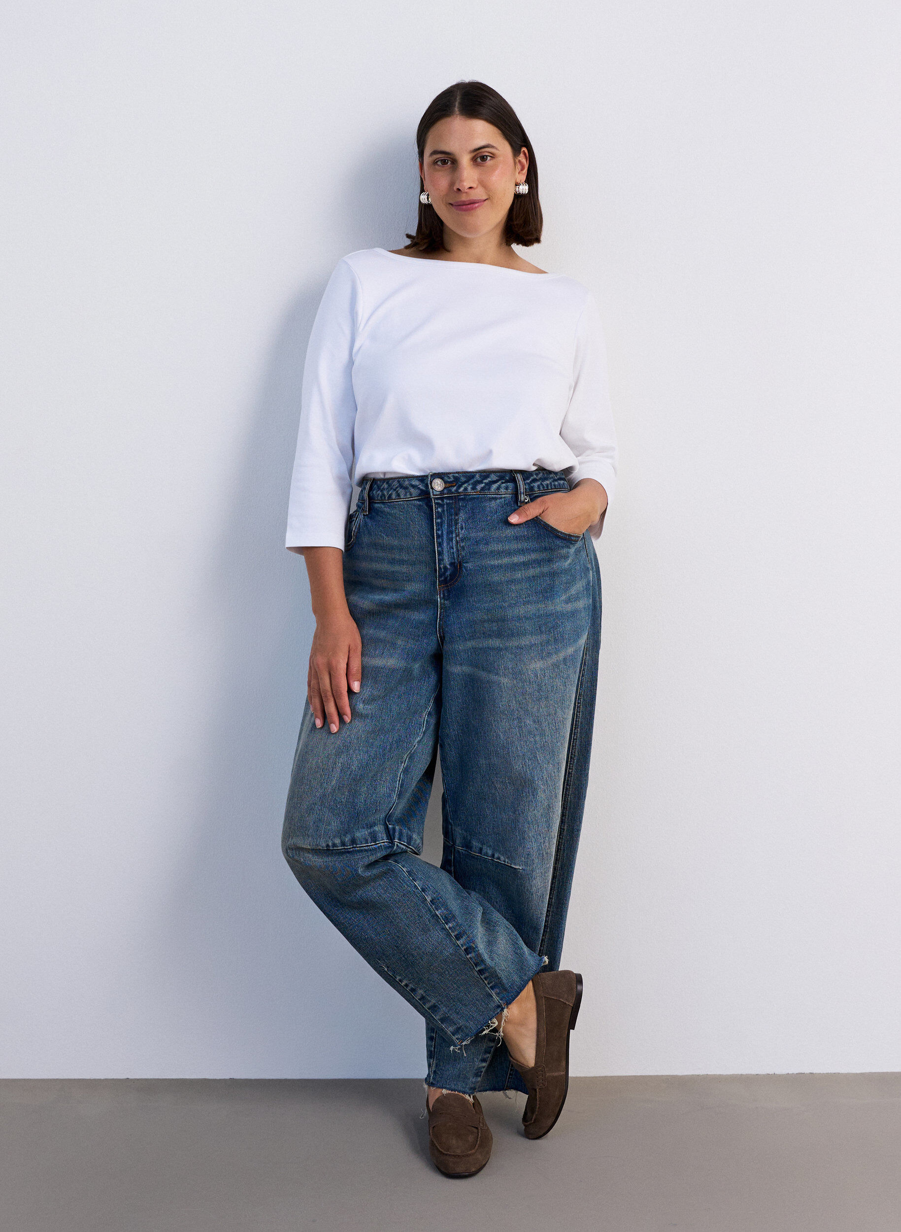 ZizziBasic-T-Shirt mit U-Boot-Ausschnitt und 3/4-&Auml;rmeln, Wei&szlig;, Model image number 1