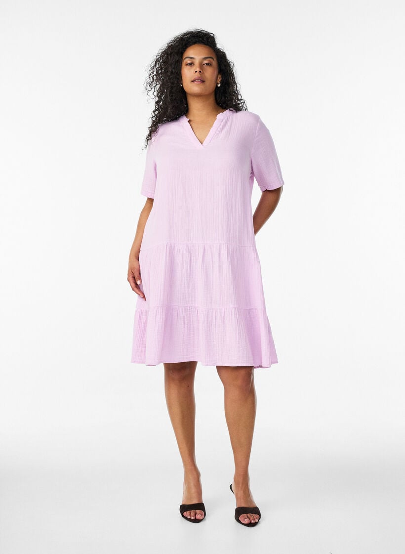 Kurzes A-Linien-Kleid aus Baumwollmusselin, lila, Model image number 1