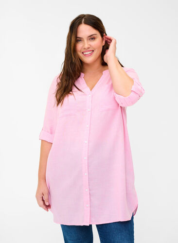 Hemdbluse mit V-Ausschnitt und Taschen, Cameo Pink, Model image number 0