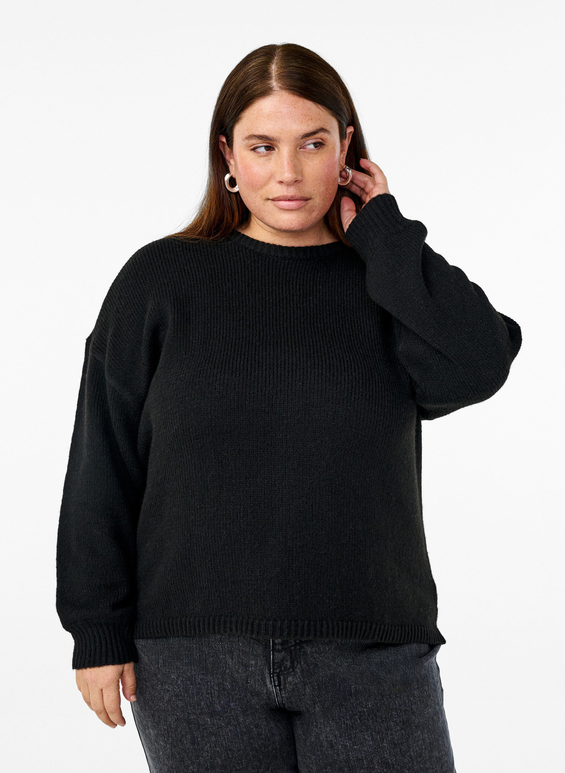 ZizziLang&auml;rmliger Strickpullover mit Wollanteil und Rundhalsausschnitt, Black Solid, Model image number 0
