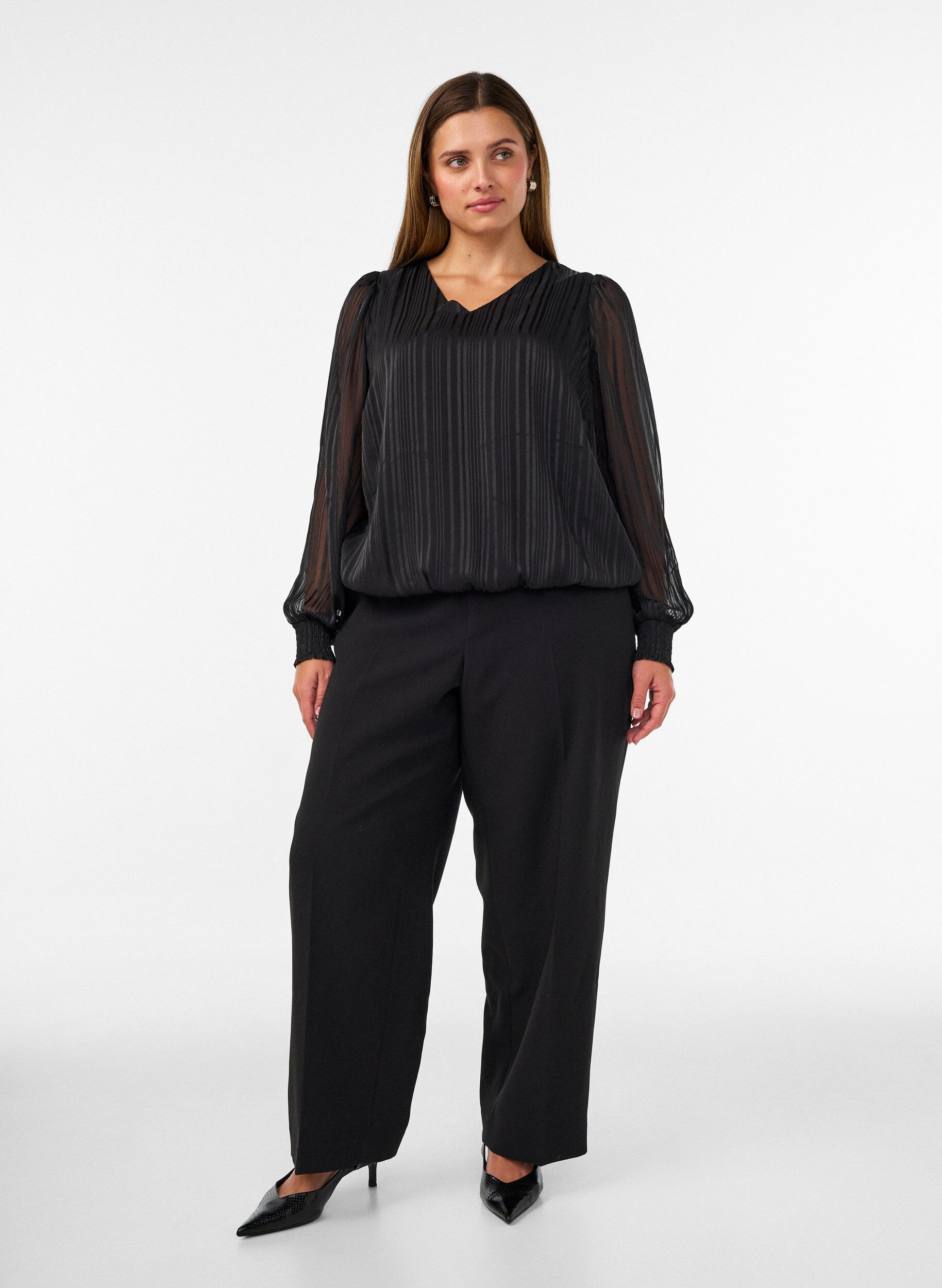 ZizziGestreifte Bluse in Ballonform, Schwarz, Model image number 1