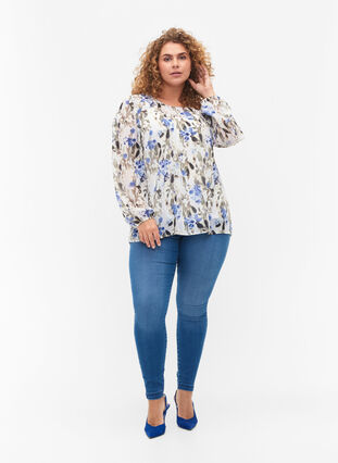 Bedruckte Bluse mit langen Ärmeln, Blue Flower AOP, Model image number 2