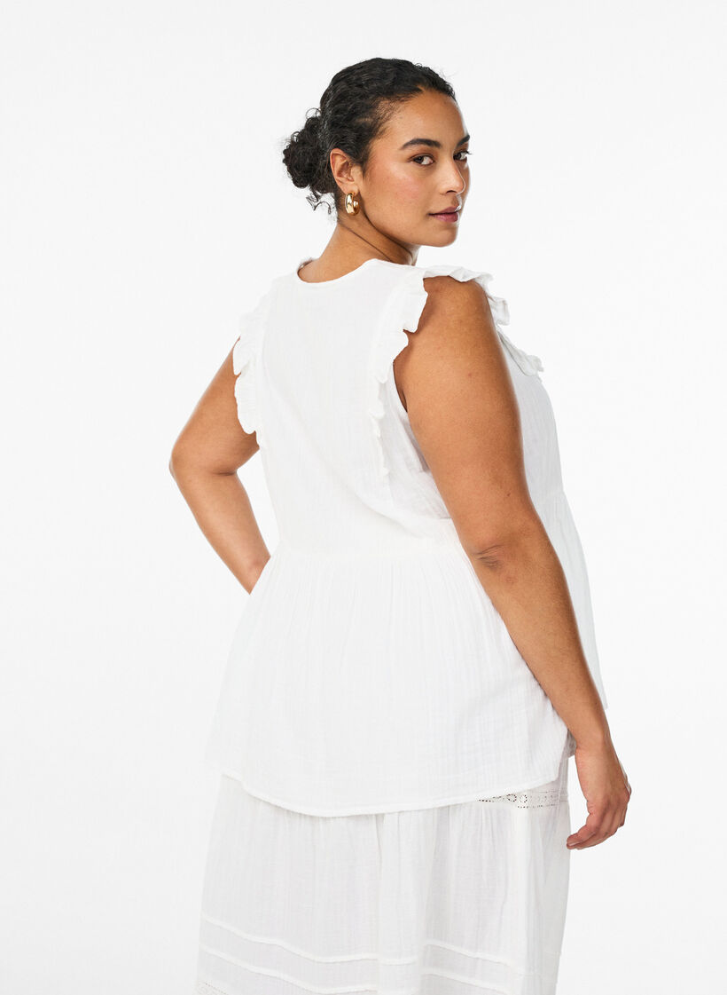 &Auml;rmellose Bluse aus Baumwoll-Musselin mit R&uuml;schen, Wei&szlig;, Model image number 2
