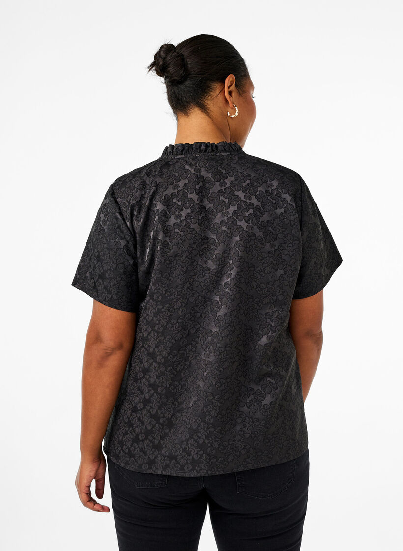 Kurzärmelige Jacquard-Bluse mit Schleifen, Schwarz, Model image number 2