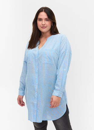 Gestreifte Hemdbluse aus 100% Baumwolle, Lichen Blue Stripe , Model image number 0