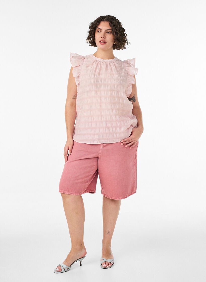 &Auml;rmellose Bluse mit Struktur und R&uuml;schen, Rot, Model image number 1