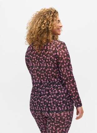 Langarm Bluse mit Mesh und Print, Flower AOP, Model image number 1
