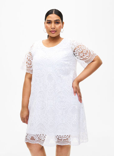 Partykleid aus Spitze mit kurzen Ärmeln, Bright White, Model image number 0