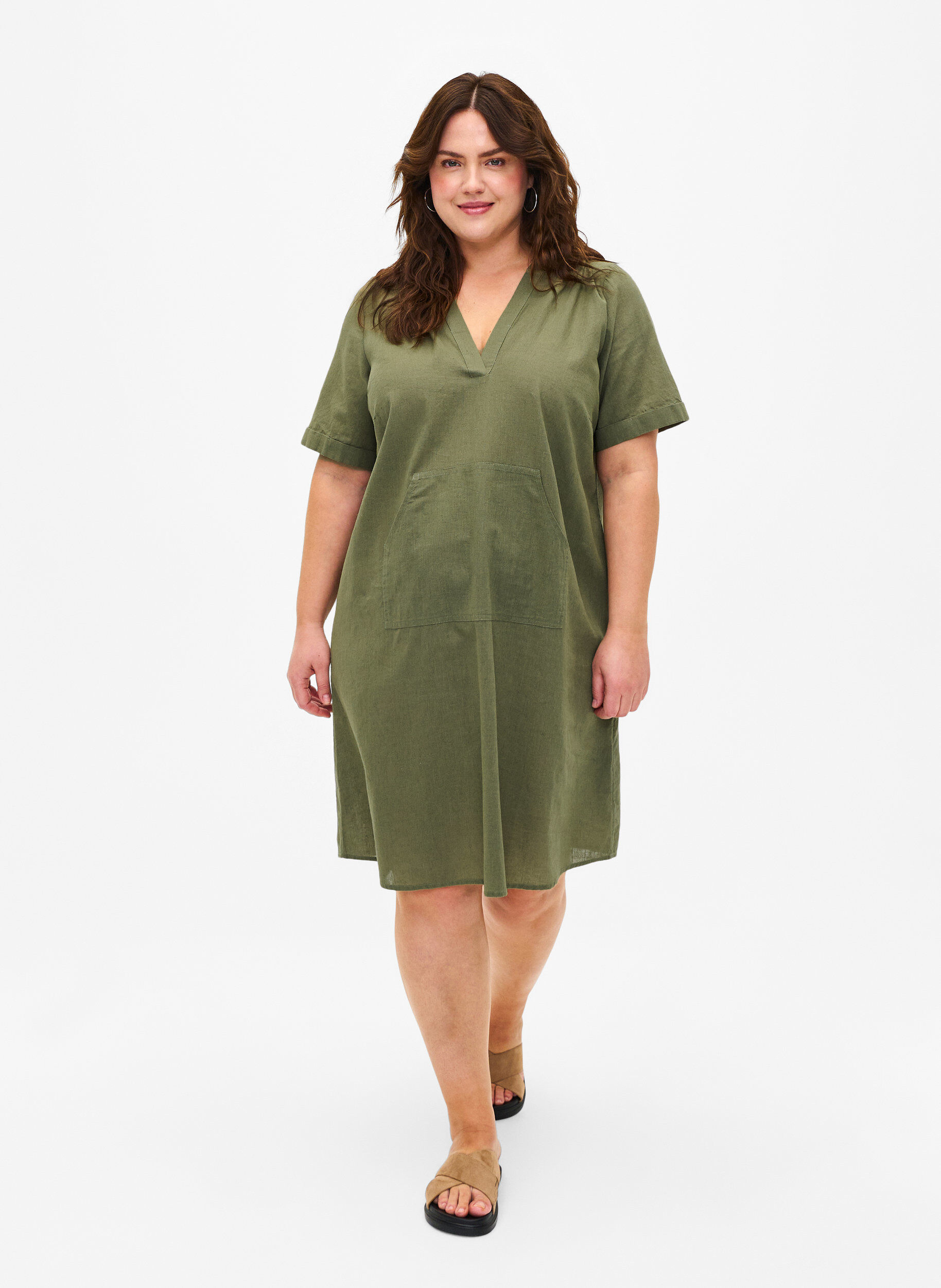 ZizziKapuzenkleid aus Baumwollmischung mit Leinen, Deep Lichen Green, Model image number 2