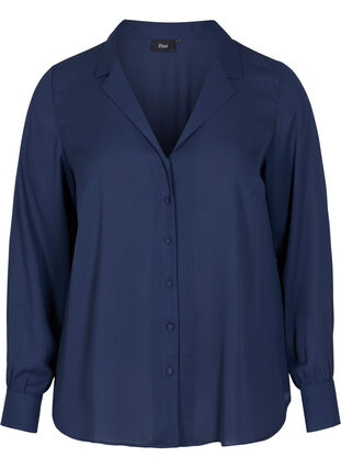 Hemdbluse mit Knopfverschluss und V-Ausschnitt, Navy Blazer, Packshot image number 0