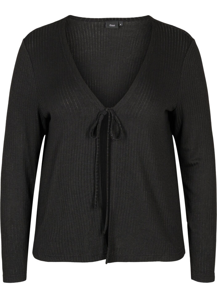 Cardigan mit Rippmuster und Bindeschnüren, Black, Packshot image number 0