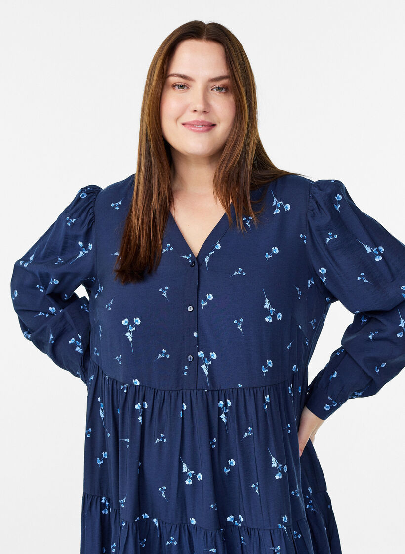 Midikleid mit V-Ausschnitt und A-Linienform, Blau, Model image number 2