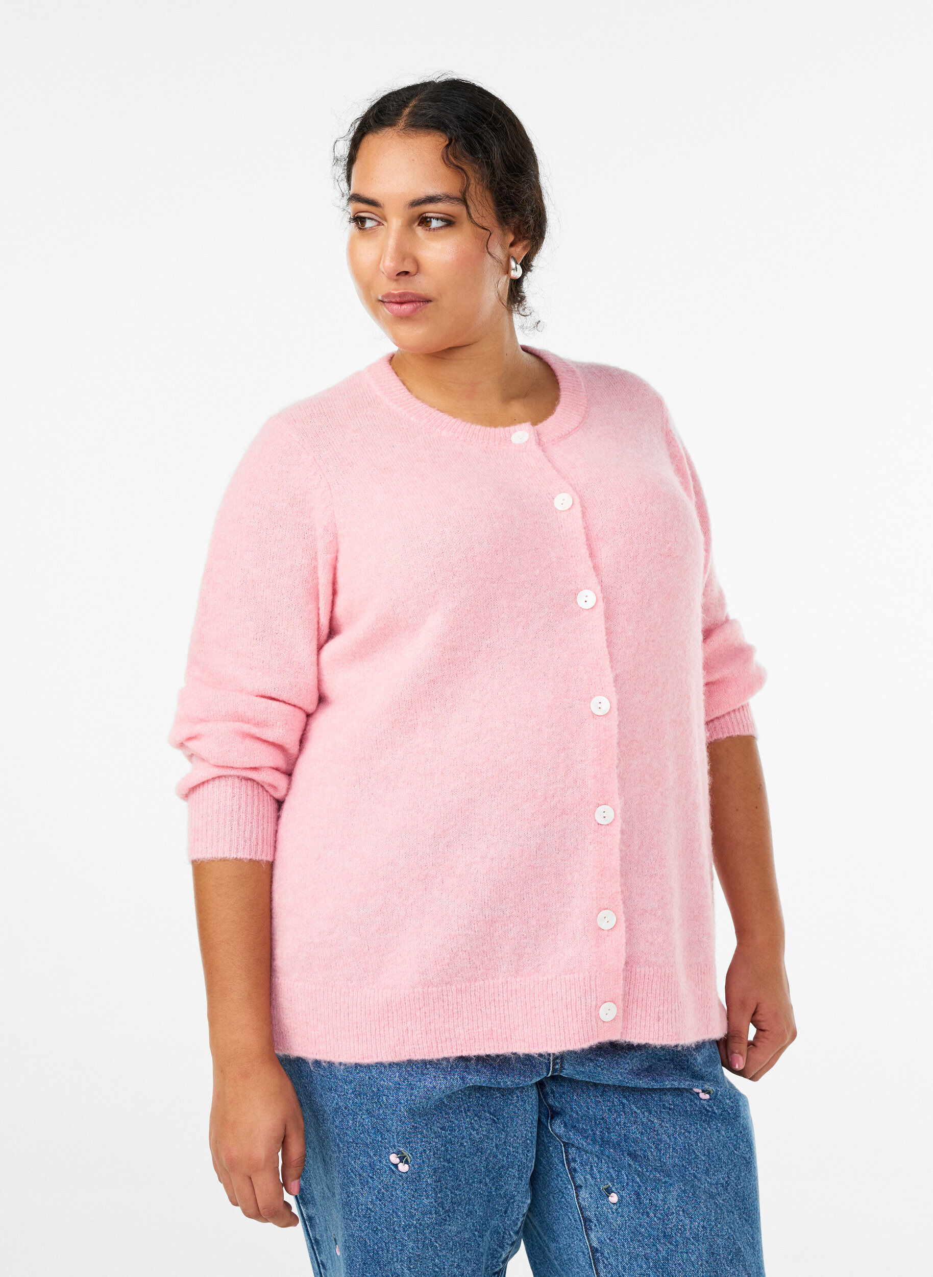 Strickjacke aus Wolle mit Kn&ouml;pfen, Pink, Model