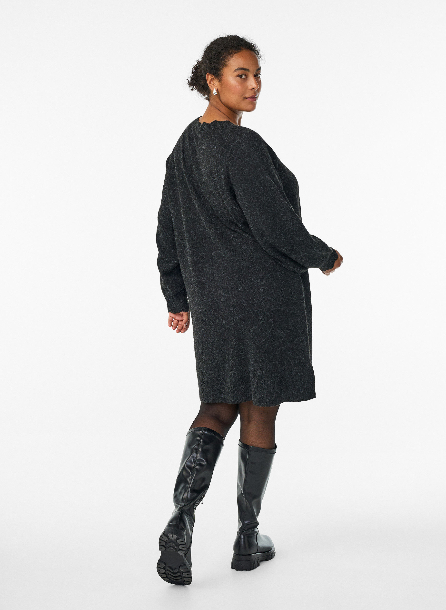 ZizziGestricktes Minikleid mit gewelltem Saum und Schlitzen, Grau, Model image number 1
