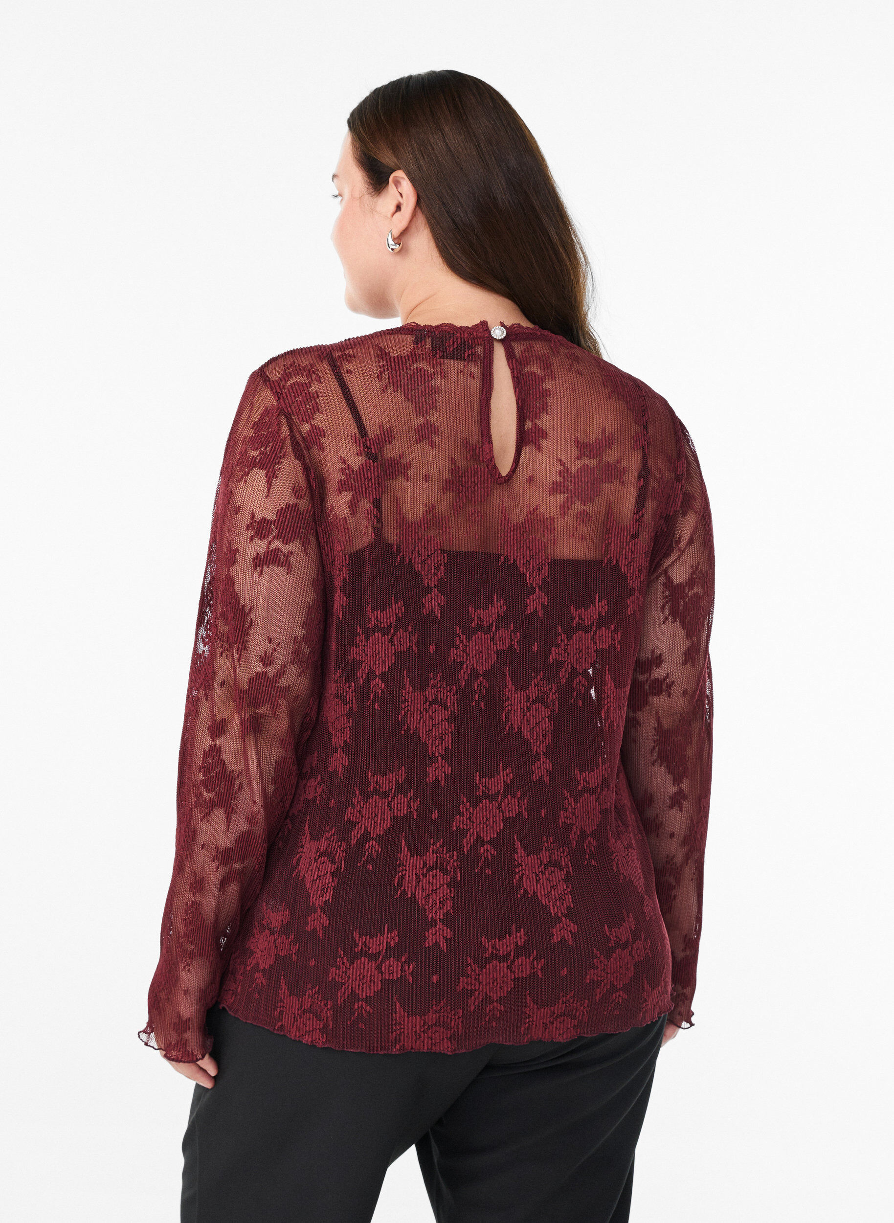 ZizziLang&auml;rmelige Bluse aus Mesh mit Spitzenmuster, Dunkles Bordeaux, Model image number 2
