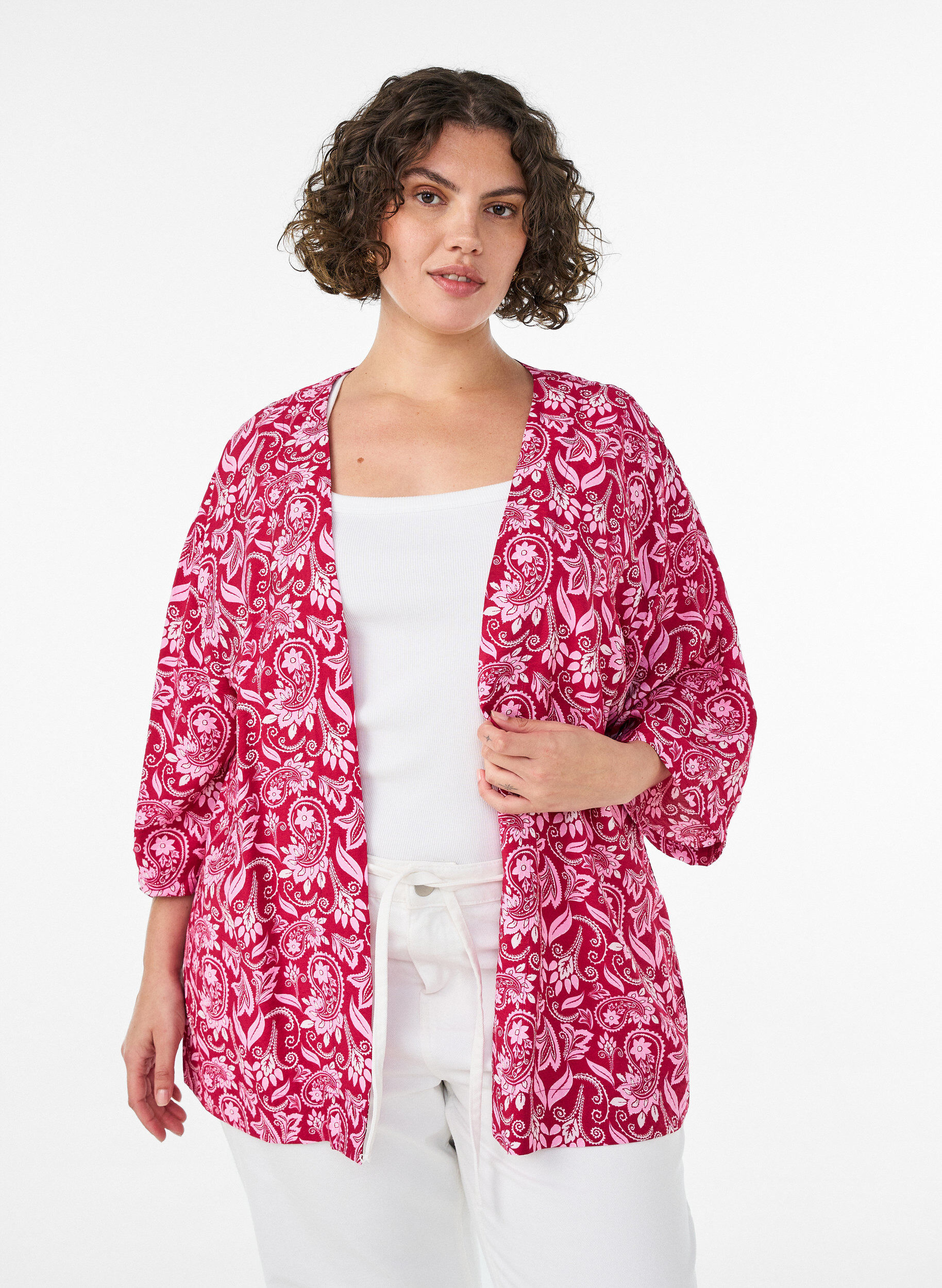 ZizziKurzer Kimono aus Viskose mit 3/4-&Auml;rmeln, Pink, Model image number 0