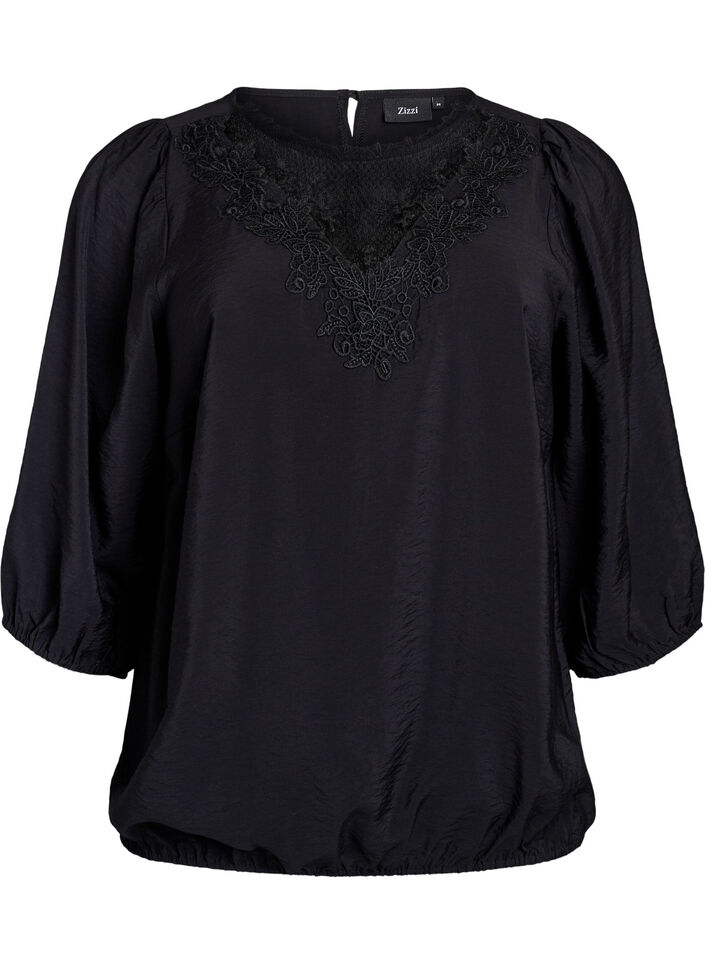 Bluse aus Spitze mit 3/4-&Auml;rmeln, Schwarz, Packshot image number 0