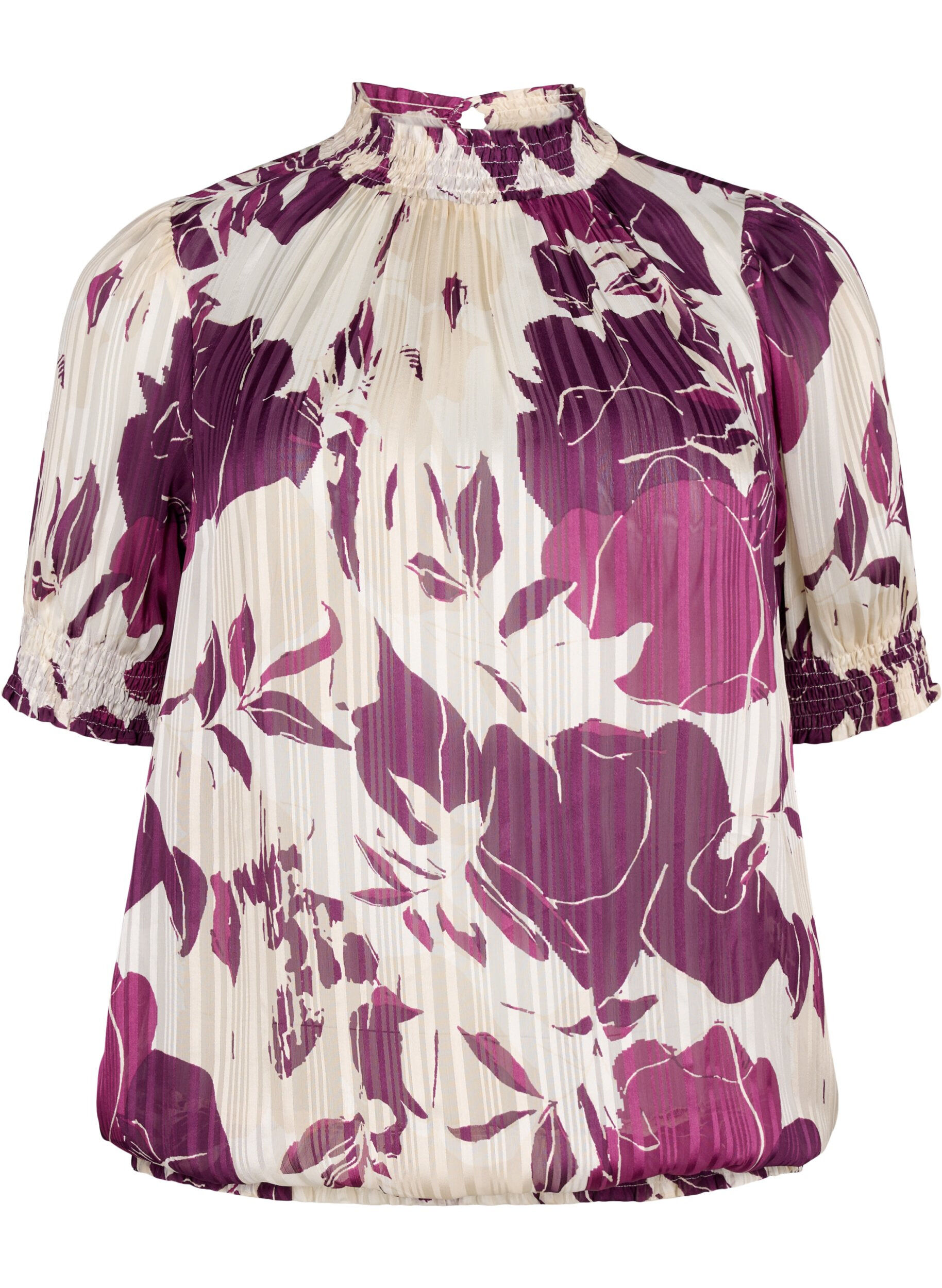 ZizziKurz&auml;rmelige gesmokte Bluse mit Print, D.Purple Graphic AOP, Packshot image number 0