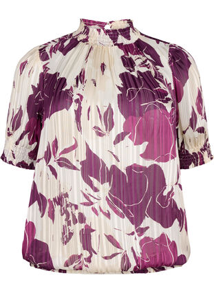 Kurzärmelige gesmokte Bluse mit Print, D.Purple Graphic AOP, Packshot image number 0
