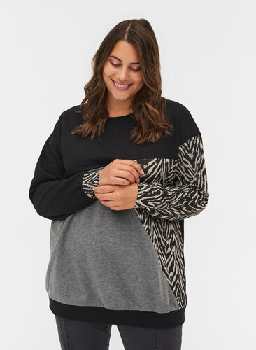 Sweatshirt mit langen Ärmeln in Zebraprint, Black Grey Zebra, Model image number 0