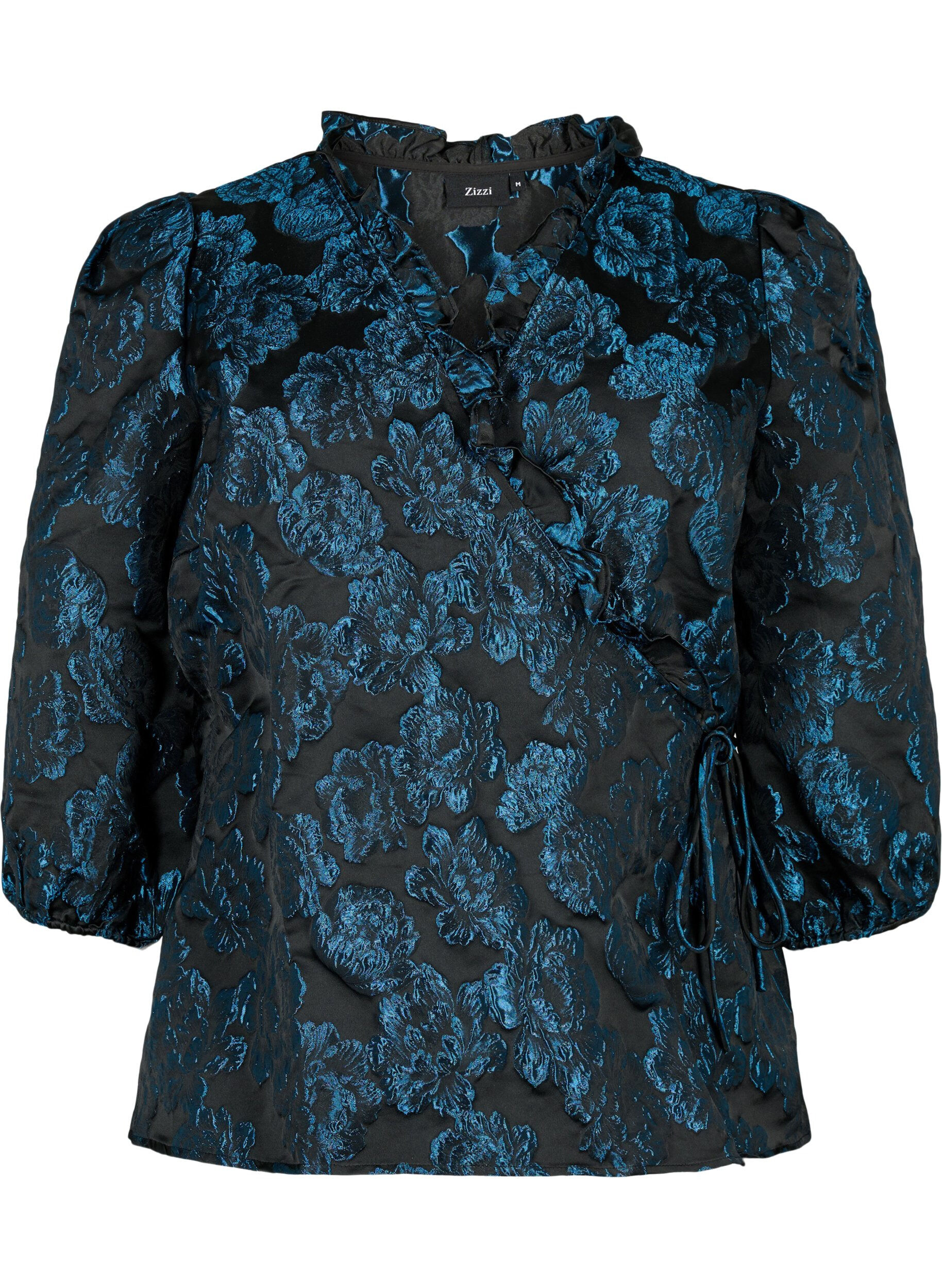 ZizziJacquard-Wickelbluse mit 3/4-&Auml;rmeln, Black Blue, Packshot image number 0