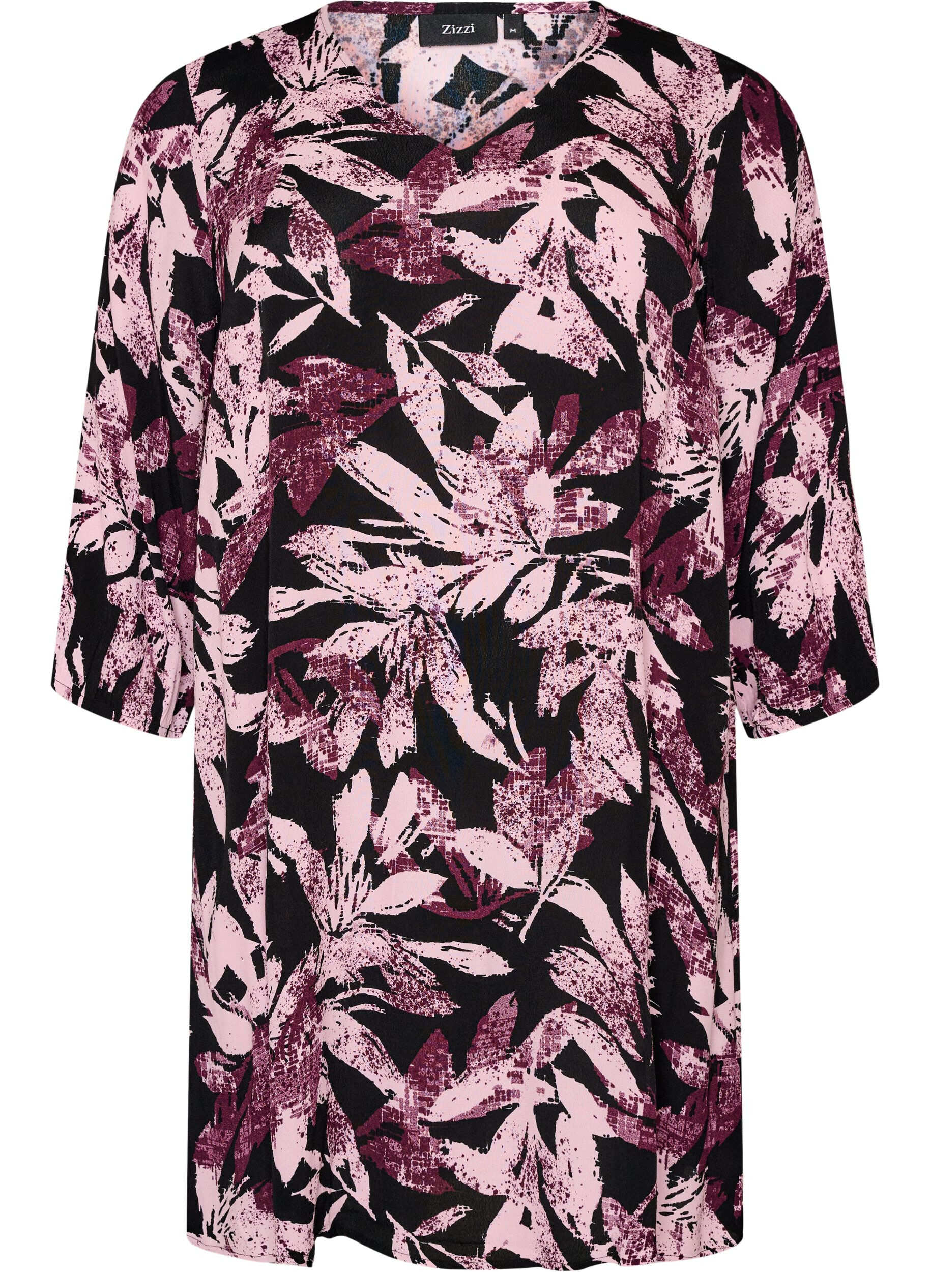 ZizziKurzes gebl&uuml;mtes Kleid aus Viskose mit 3/4-&Auml;rmeln, Schwarz, Packshot image number 0